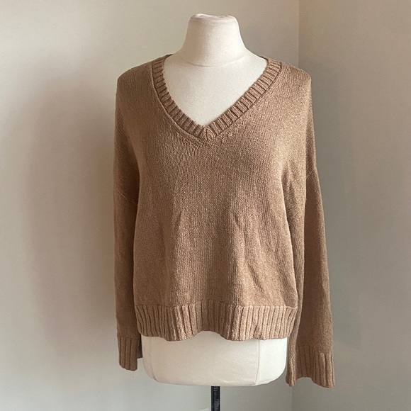 JENNI KAYNE Dylan Sweater Womens Sz Medium Tan V-Neck Linen...